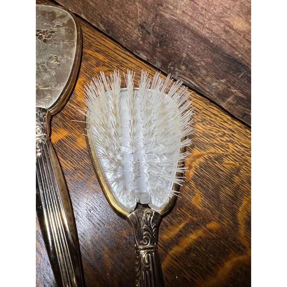 VTG Holywood Regency Floral Silver Gold Tone Hand Mirror & Hair Brush Vanity Set
